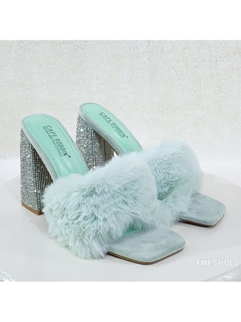 Furry Sparkle Mint Green Slip On Chunky Rhinestone Heel Shoes Marabou